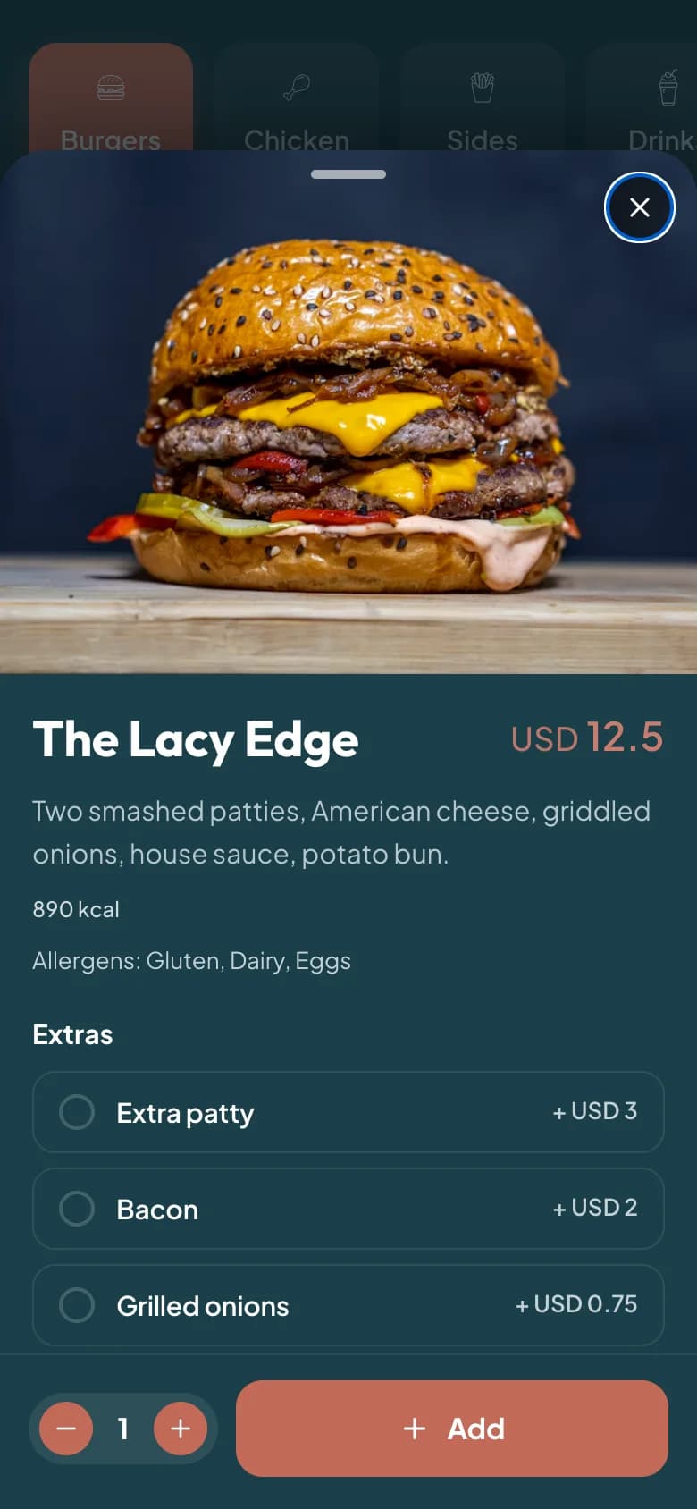 A dish on the QR menu, ready to add to the order