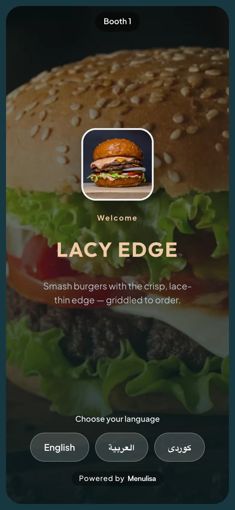 The Menulisa QR menu welcome screen on a phone
