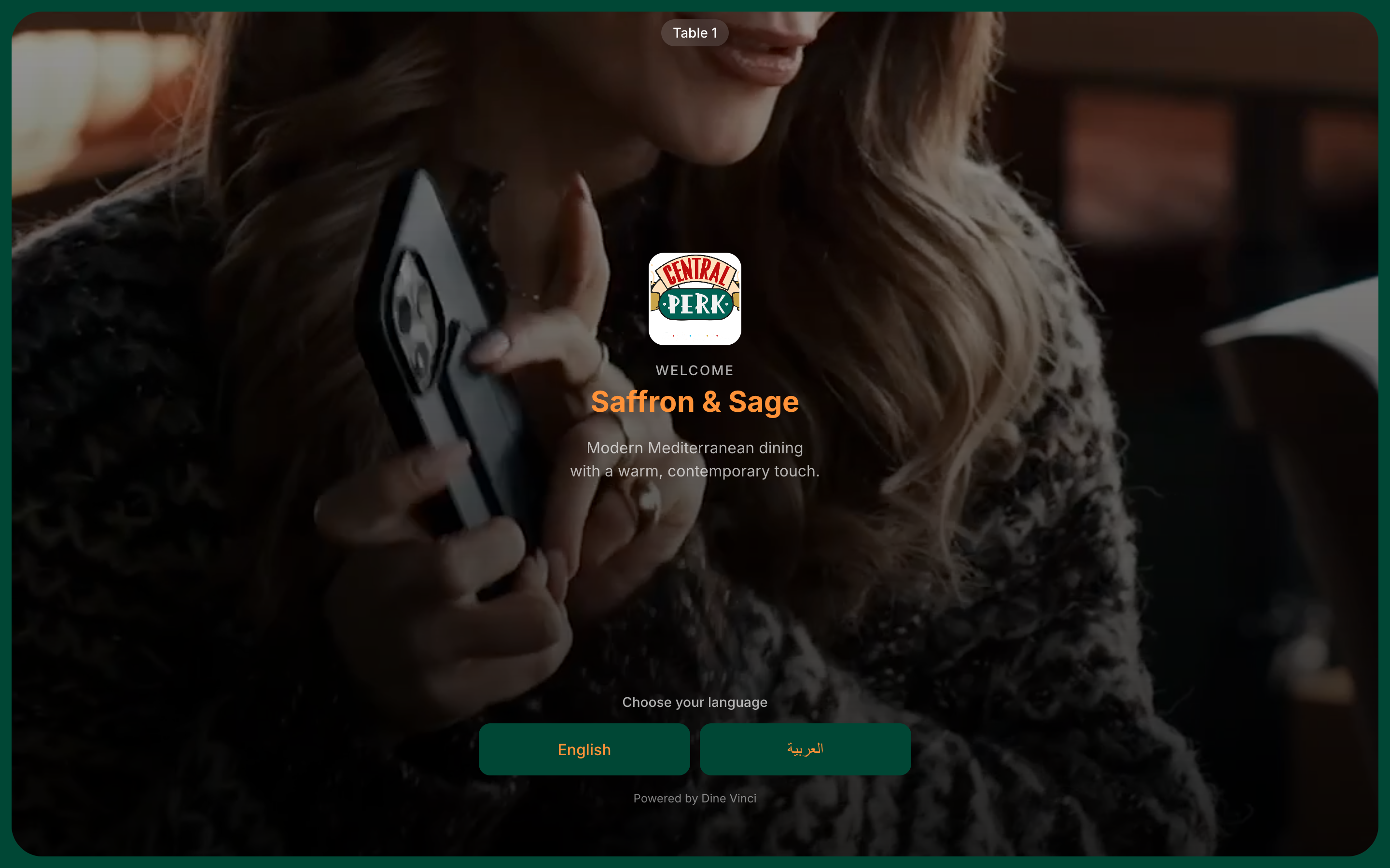 The guest menu welcome screen shown after scanning a table QR code, with a language picker.