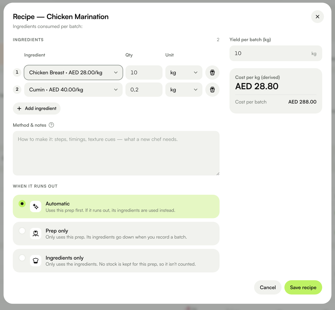 The prep recipe dialog for Chicken Marination: ingredients per batch, yield and derived cost, and When it runs out with Automatic, Prep only and Ingredients only.