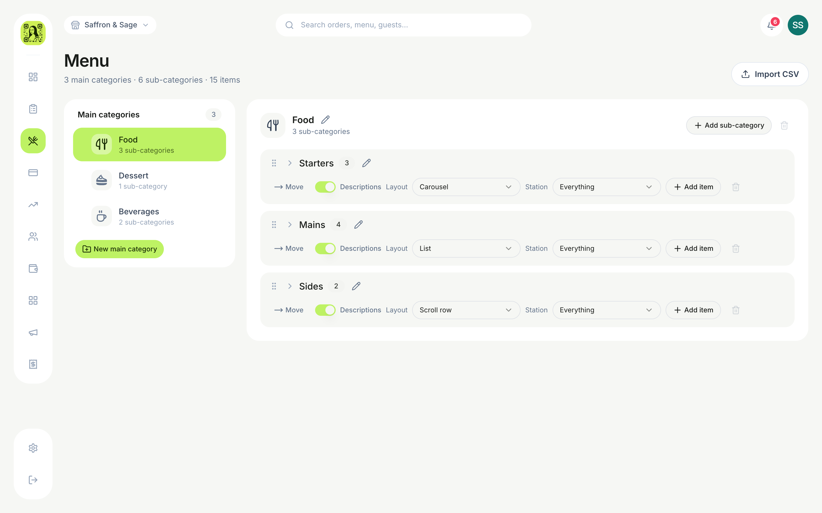 The menu builder with categories on the left and sub-categories with items on the right.