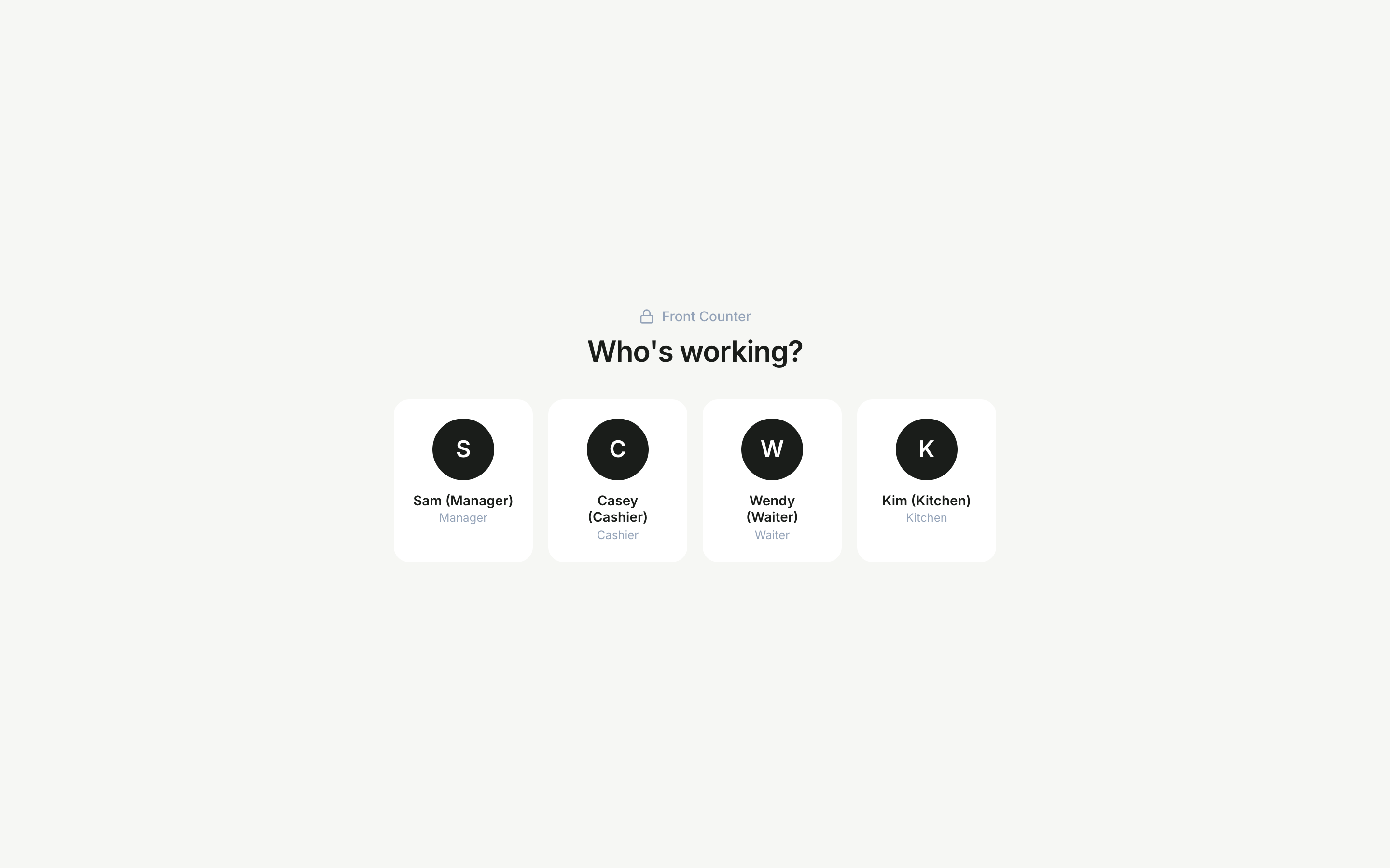 The POS lock screen showing staff tiles to pick who is working.