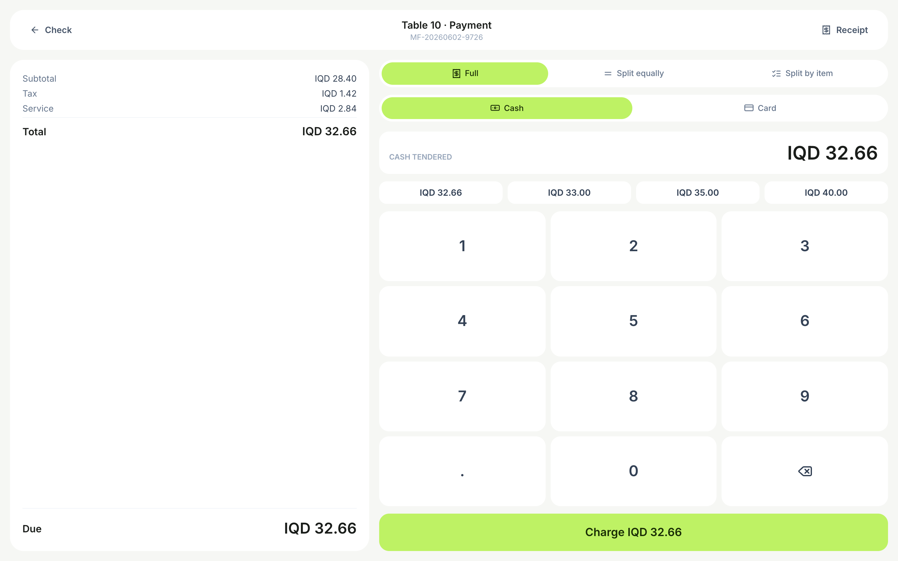 The POS payment screen with Full, Split equally and Split by item modes, cash/card tender and a keypad.