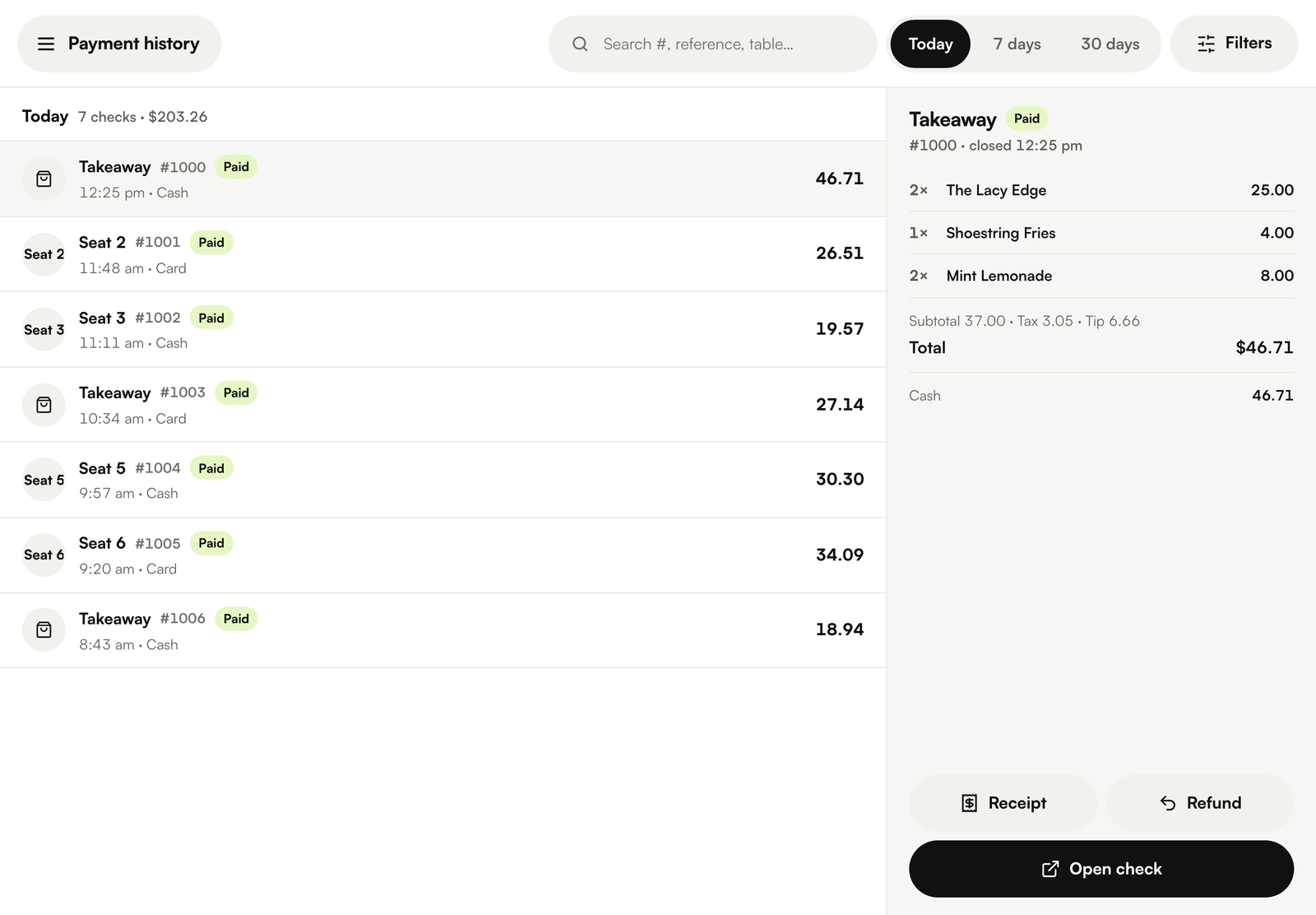 POS Payment history: today's paid checks on the left, the selected check's lines and total on the right with Receipt, Refund and Open check.