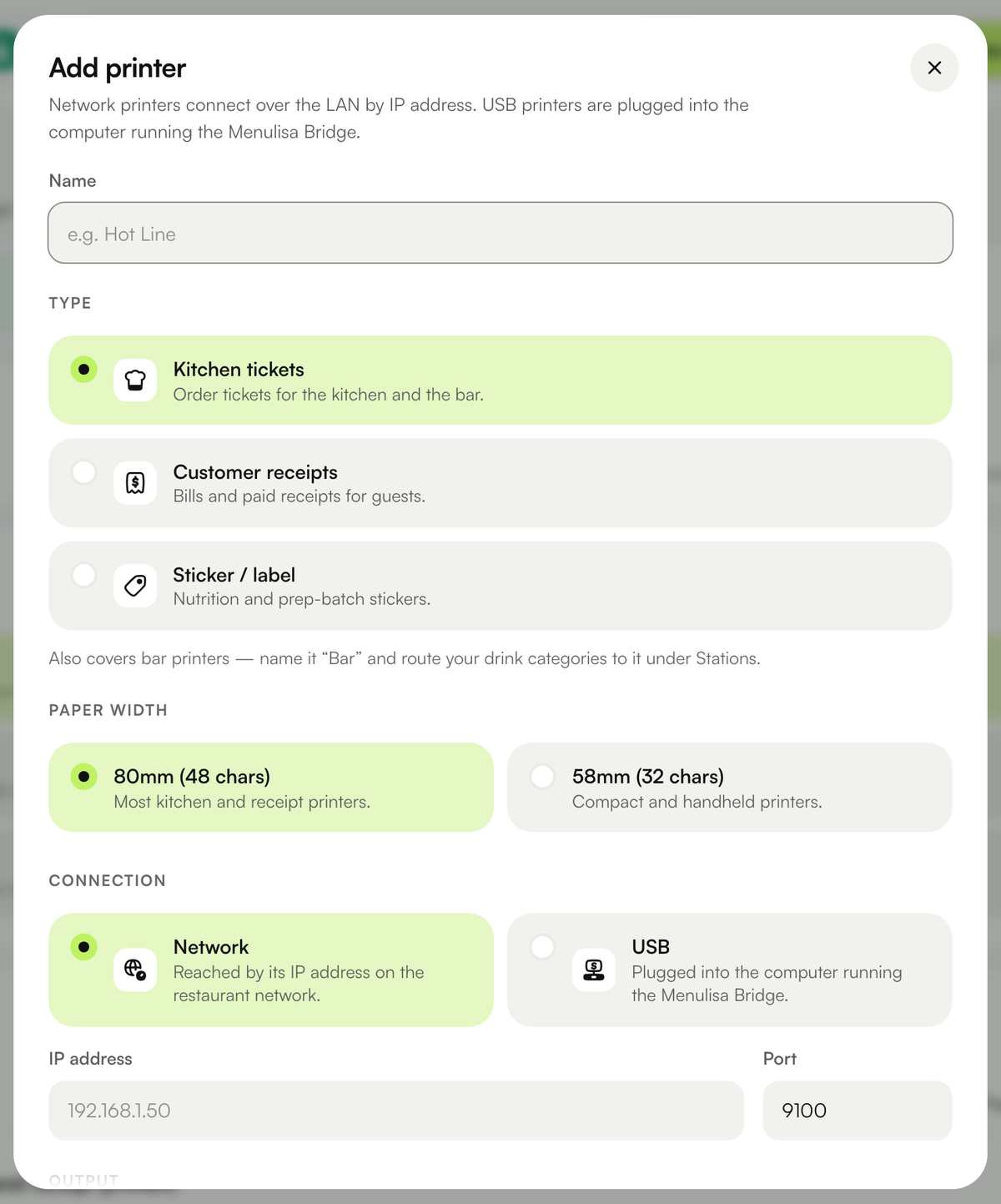 The Add printer dialog: name, type (Kitchen tickets, Customer receipts, Sticker / label), paper width, and the connection choice between Network and USB.